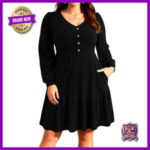 Plus Size Long Sleeve Sweater Dress with Pockets, V-Neck, High Waist, A-Line